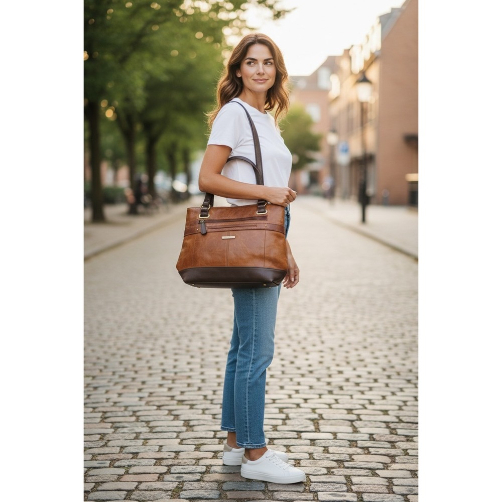 Stone & Co. Women's Purse‎ Handbag Brown Hand Strap Leather Zip Pockets